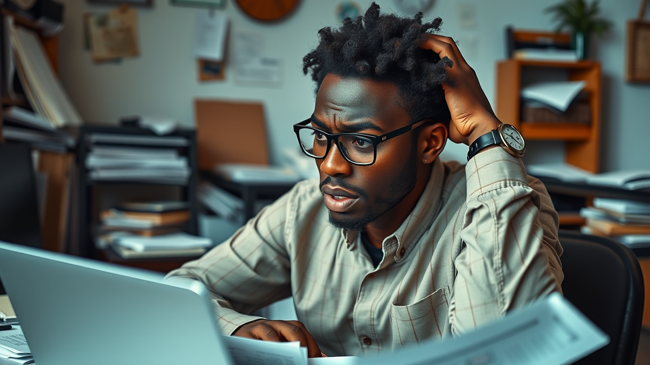 Frustrated entrepreneur stressed with paperwork and laptop, cluttered home office background