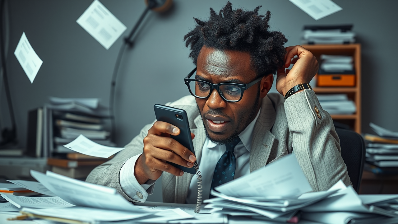 Overwhelmed small business owner surrounded by paperwork and notifications reflecting common mistakes in small business growth strategies