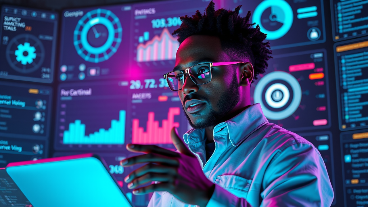Creative digital marketer analyzing campaign results using futuristic marketing tools demonstrating digital small business growth strategies