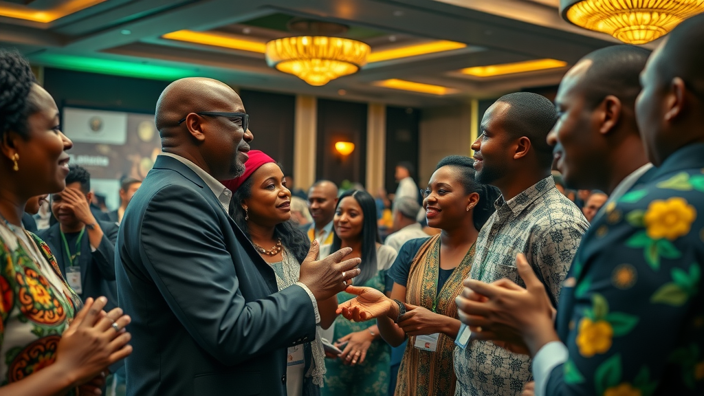 Visionary image of social entrepreneurs networking at a conference, energetic collaboration in Uganda