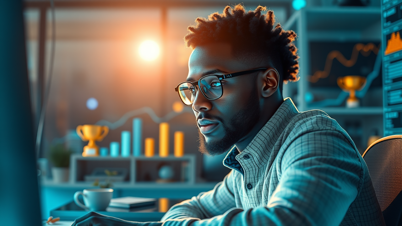 Optimistic entrepreneur tracking growth metrics on computer demonstrating small business growth strategy monitoring