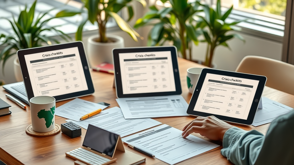 Organized tabletop with African business crisis management checklist and documents