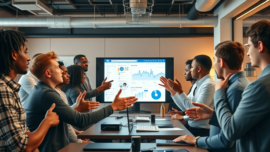 busy social media marketing agency office in South Africa with diverse team collaborating on Facebook campaign analytics, representing digital marketing trends in Africa.