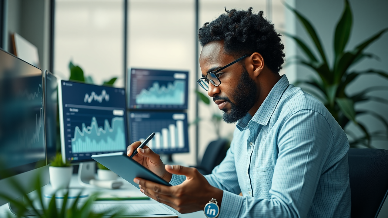 LinkedIn for small business growth - Business owner analyzing LinkedIn analytics data charts
