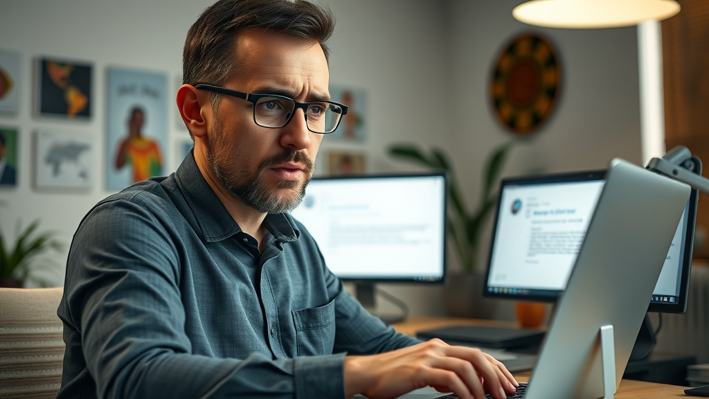 Concerned marketer in African office reviewing bounced email notifications, visualizing the deliverability challenges in African email marketing