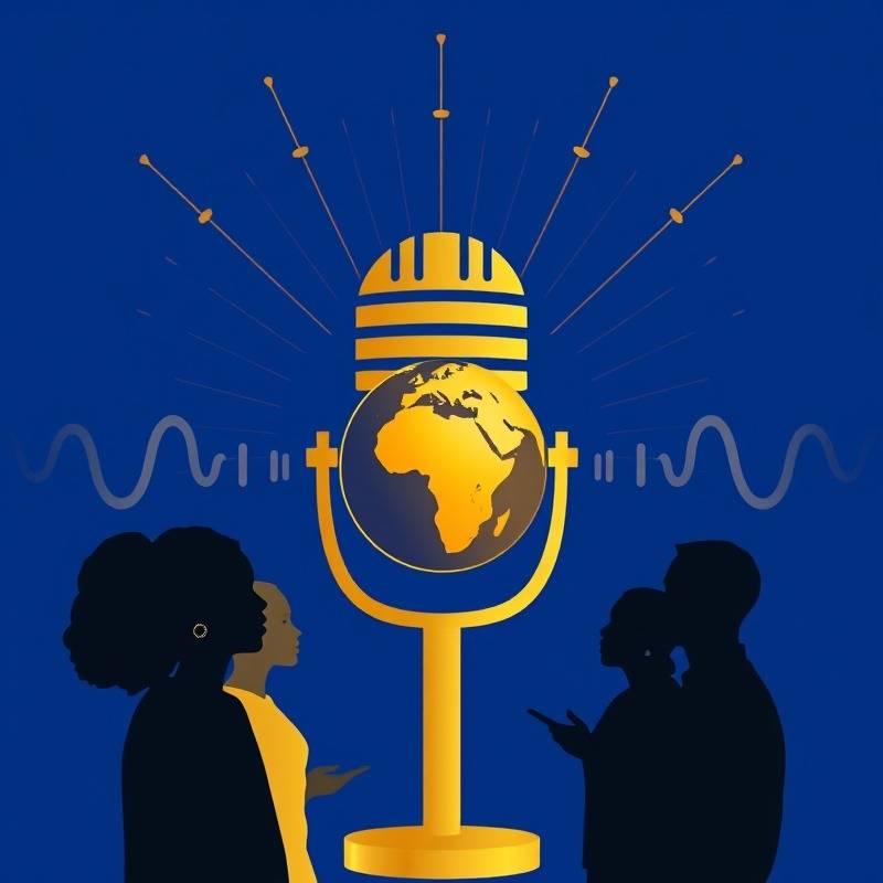 Stylized gold microphone and diverse silhouettes on royal blue background.